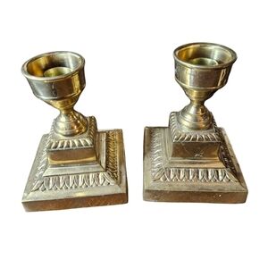 Vintage square base brass short candlestick holders pair.